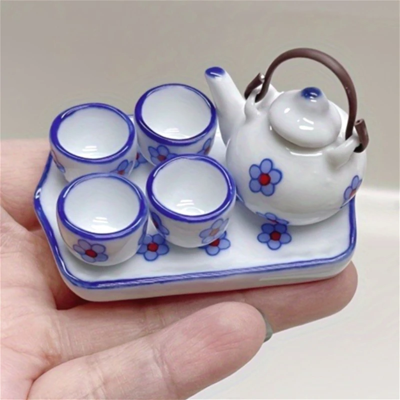 

1set Dollhouse Mini Ceramic Tea Set Model Playhouse Kitchen Restaurant Decor with Versatile Indoor Tea Model Ornament Accessory
