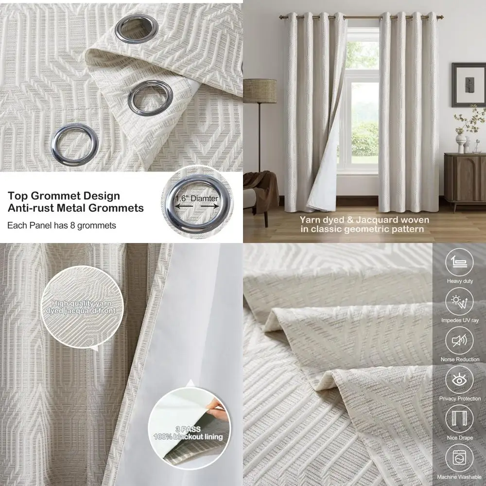 

Геометрические жаккардовые плотные шторы, 52x120, кремовые и серебряные, термоизолированные, шумоподавляющие, антикоррозийные втулки.