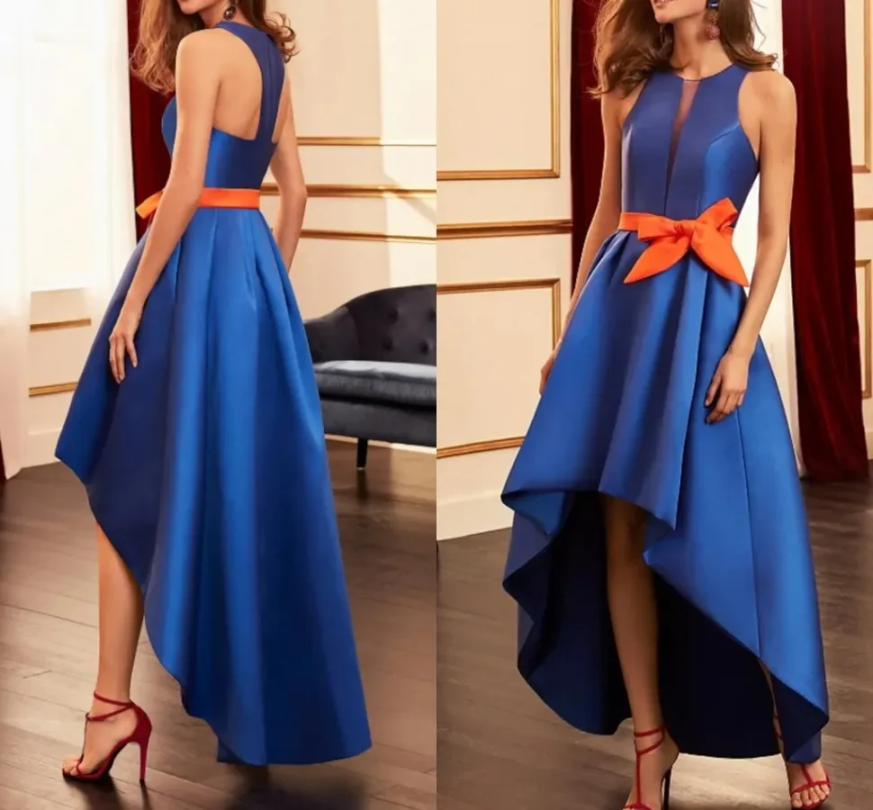 

Royal Blue Elegant Prom Evening Dress Scoop Sleeveless Asymmetrical Satin with Bow Formal Party Gown Robes De Soirée