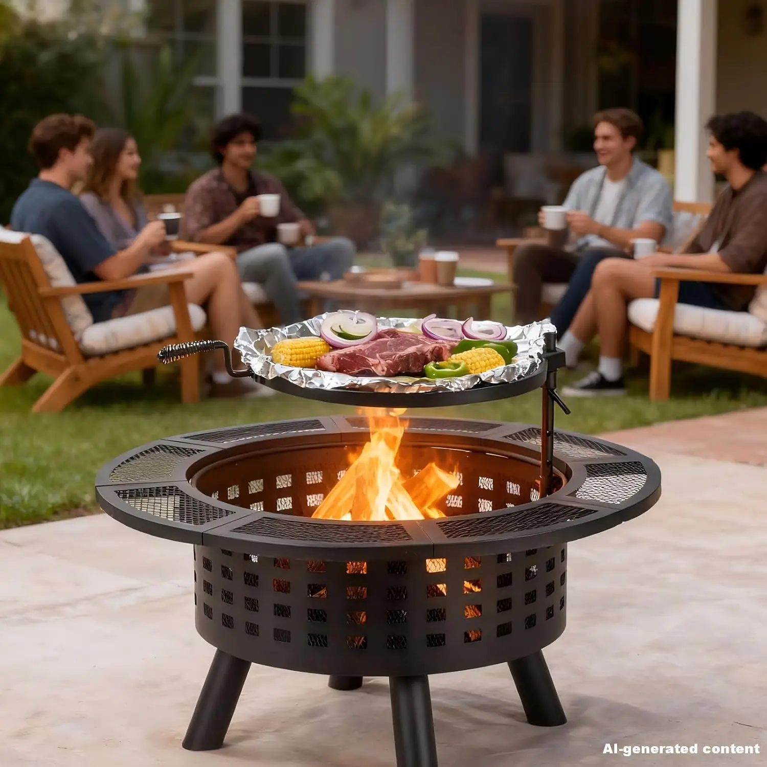 36 inch Outdoor Fire Pit with Grill,Wood Burning Firepits for Outside with Lid & Fire Poker,Metal 3-in-1 Fire Pit Table with Coo