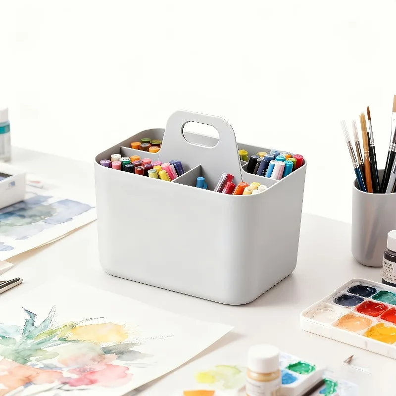 1 PCS Portable Plastic Storage Basket with Handle, 3 Compartments for Suitable for Pencils, Markers Stationery Office Supplies