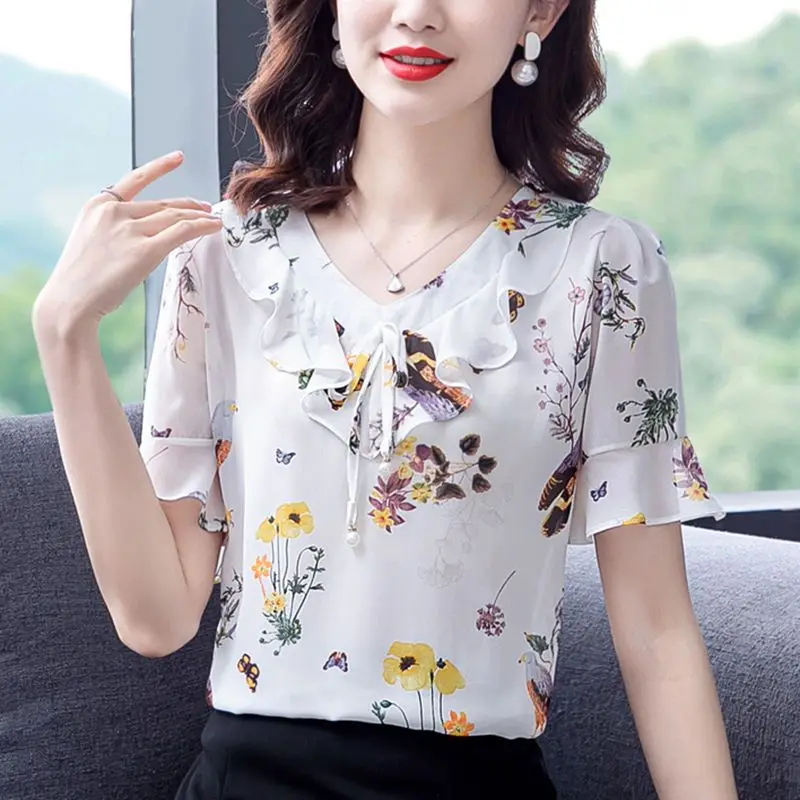 Women's Clothing Fashion Elegant Short Sleeve Floral Chiffon Shirt 2023 New Casual Female Summer Ruffles Spliced V-Neck Blouse