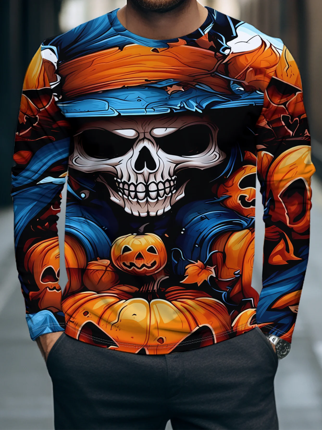 Men Long Sleeve T‑Shirt Skull Witch Hat Pumpkin 3D Print Halloween Party Casual Street Top