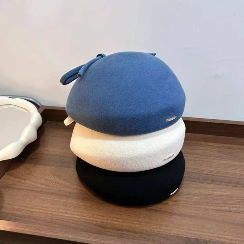 2026 Classic Plain Ins Chic Winter Wool Hat Designer Small Bowknot Lady Beret Cap Women Leisure Painter Hat