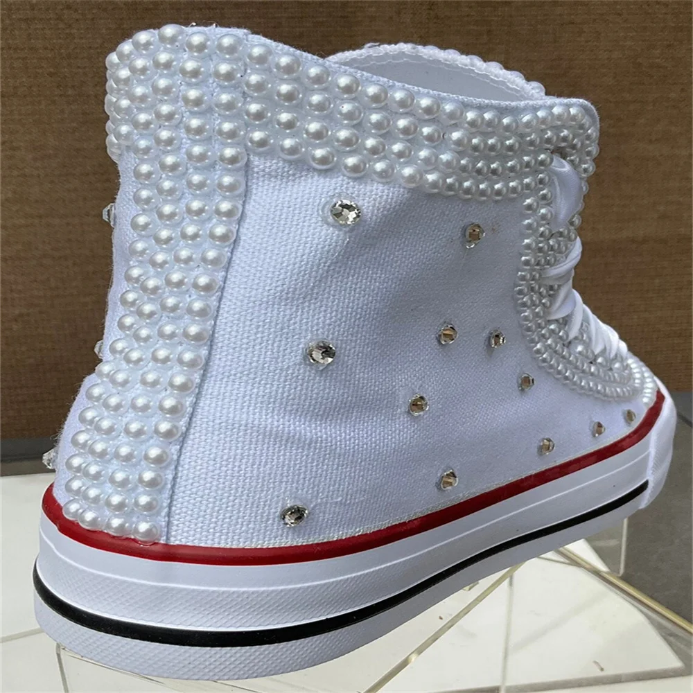 White high top pearl rhinestones ribbon custom style canvas shoes integrated sports casual shoes women\'s shoes 35-44