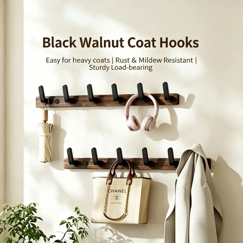 Mid-Century Walnut Door Back Hook Clothes Hanger, Drill-Free Wall Mount Garment Rack for Entryway & Wardrobe Side