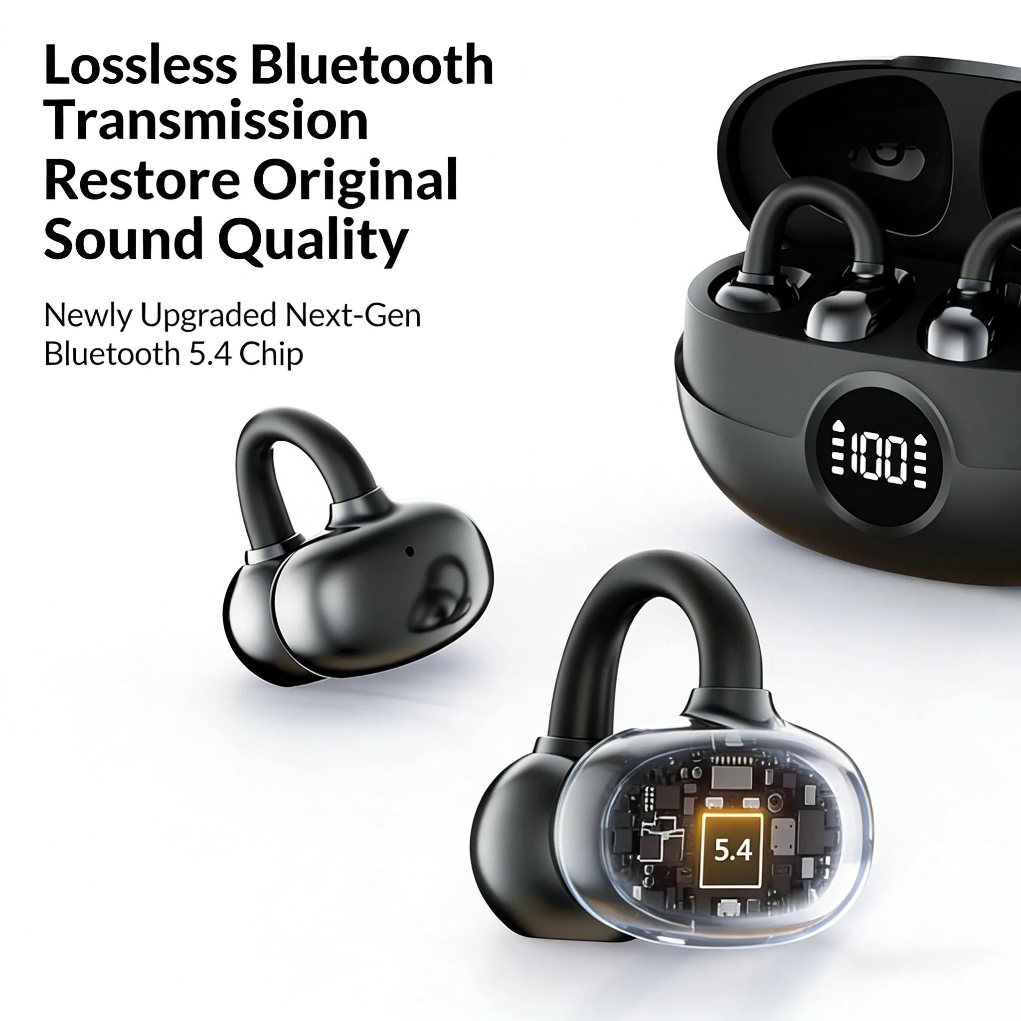 Clip‑on Wireless Earphones｜Digital Battery Indicator, Hi‑Fi Noise Reduction, Long Play Time with Microphone