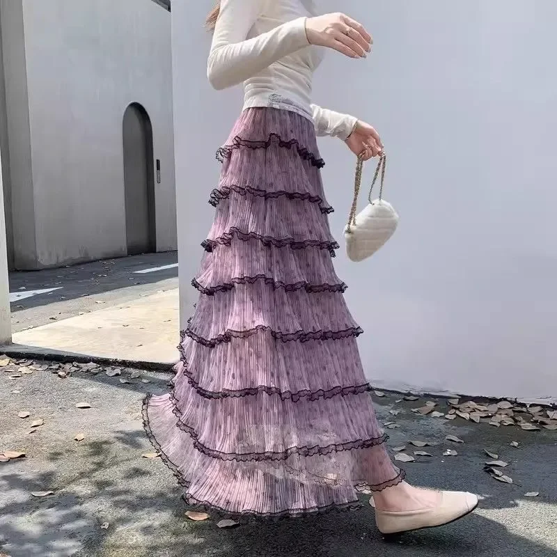 Purple Gradient Pleated Tiered Ruffle Skirt with Lace Trim Loose A Line Maxi Skirt for Women Spring Summer Casual Wear