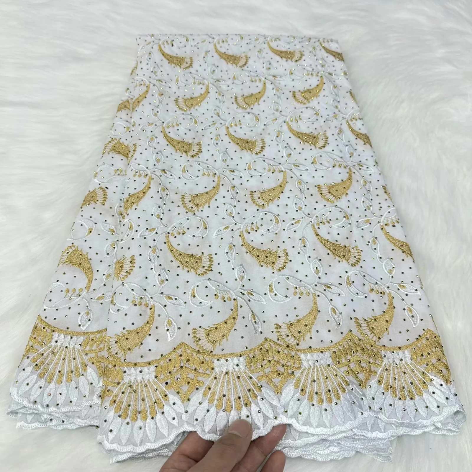 

White Gold Swiss Voile Lace Fabric High Quality Nigerian African Cotton Fabric With Stones For Women Evening Party Dresses Robe