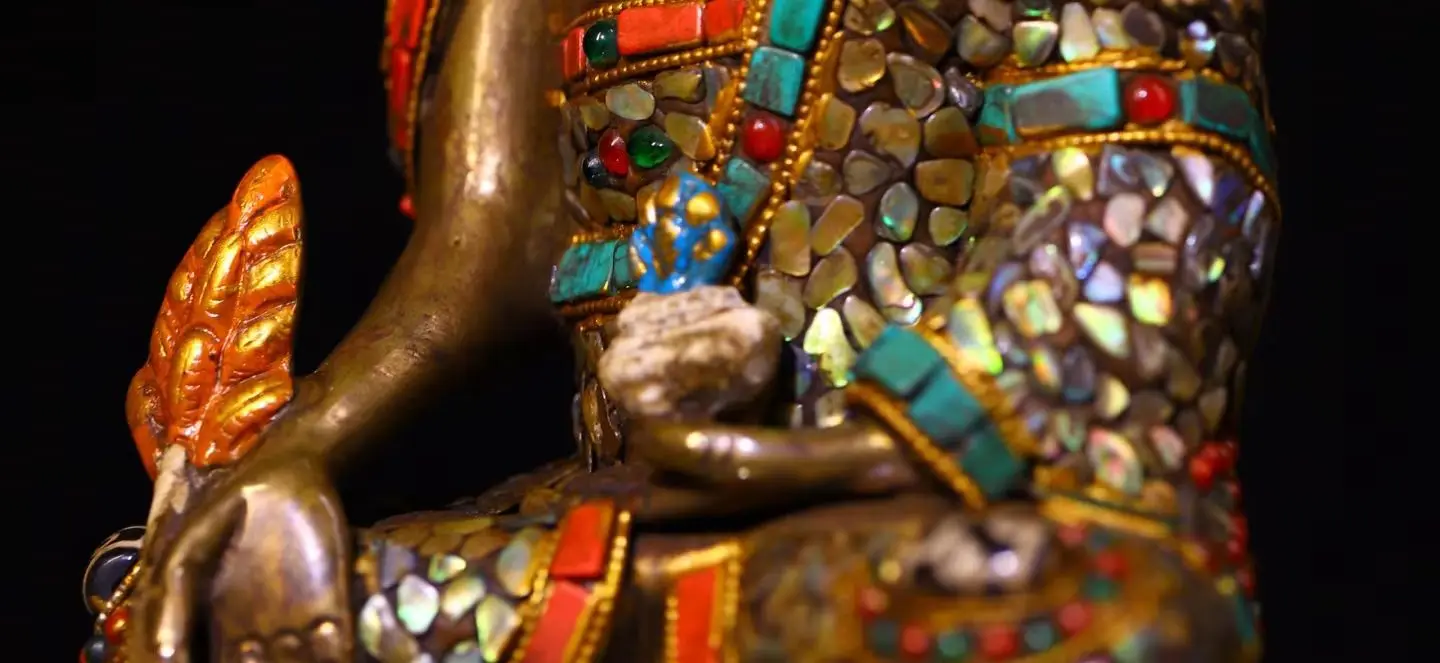 

12"Old Lima Copper Bronze Painted Mosaic Gem gZi Beads Turquoise Pharmacist Buddha Amitabha Buddha Lotus Buddha Worship Hall