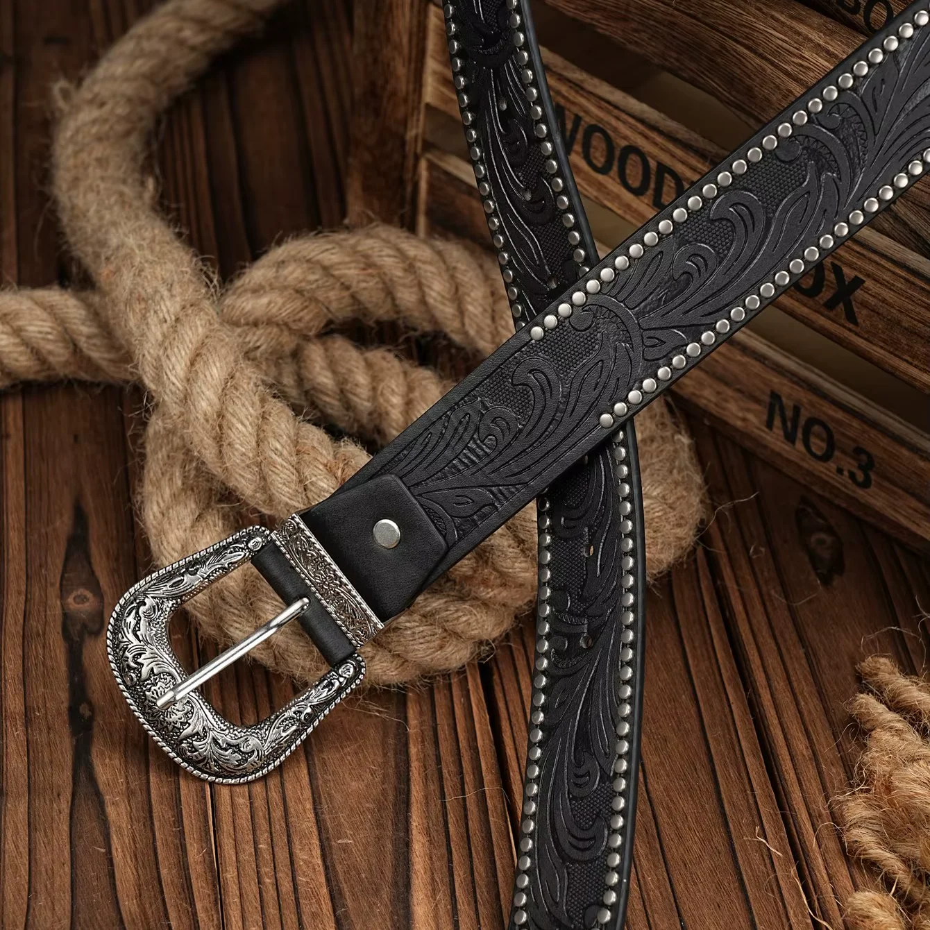 Western Cowboy PU Leather Belt - Men Waist Strap Bull Decoration Floral Engraved for Jeans
