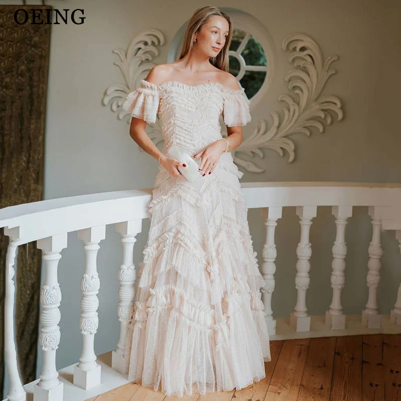 

OEING A-Line White Prom Dresses Off The Shoulder Party Gowns Tiered Floor-Length Soft Tulle Evening Dress 2025Customized