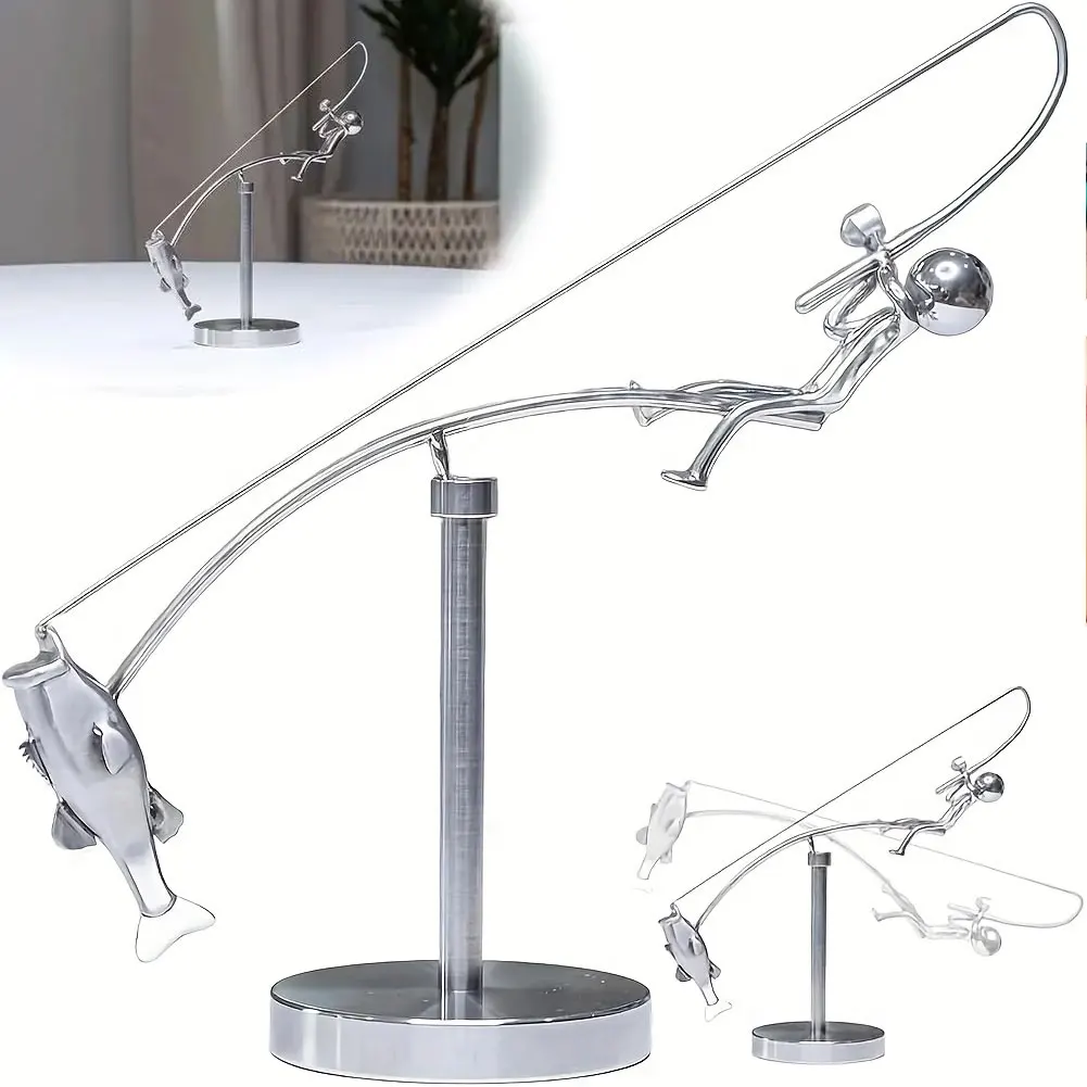 The Fisherman Balancing Sculpture Polished Stainless Steel Fisherman Balancing Handicraft Ornament Desktop Craft Decoration