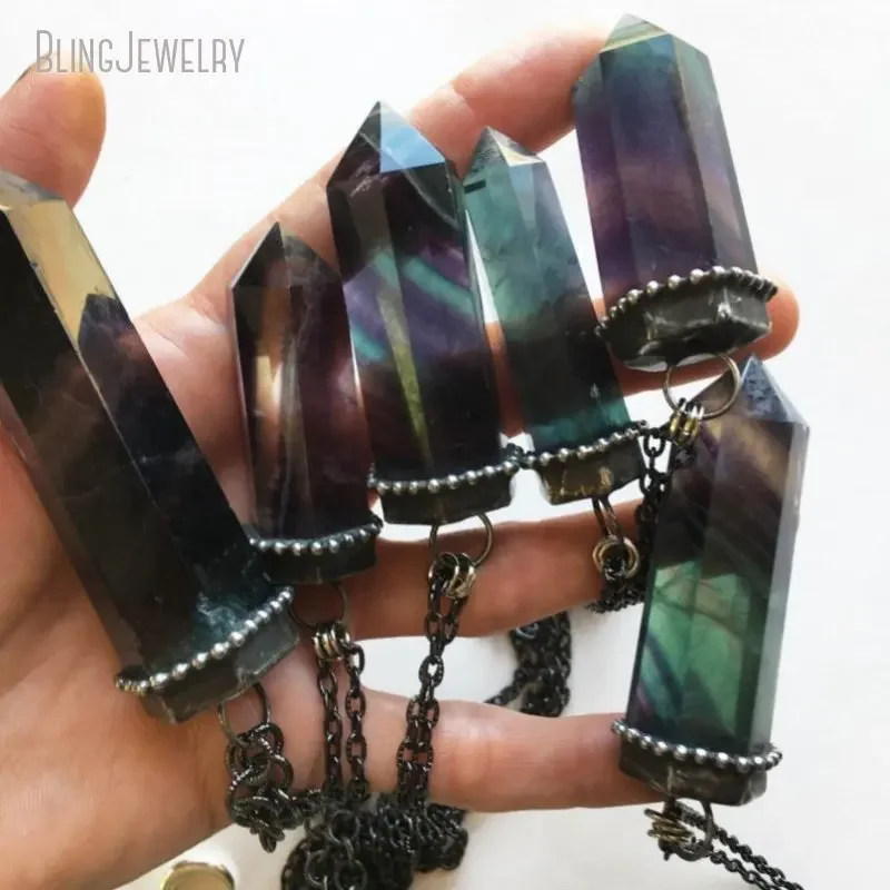 10pcs Fluorite Minimal Crystal Tower Point Layered Necklace Talisman Witch Goth Boho Pendulum Obelisk Women Halloween Jewelry