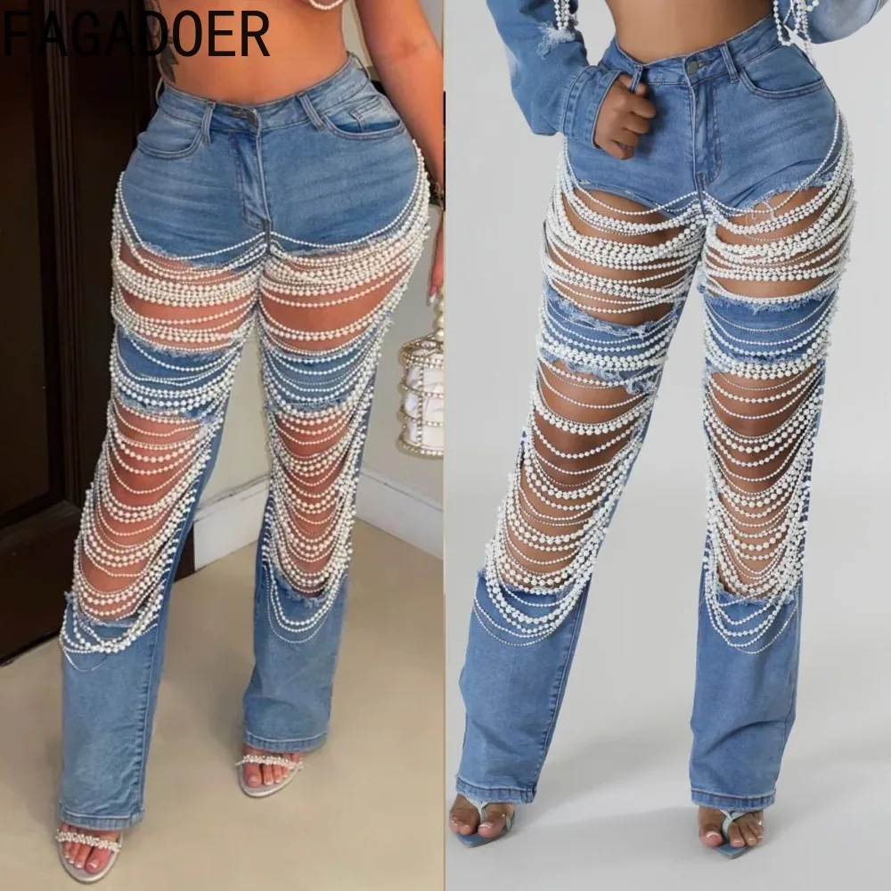 

FAGADOER Fashion Pearls Hole Denim Pants Women High Waisted Button Pocket Bottoms Summer New Female Elasticity Trousers Clothing