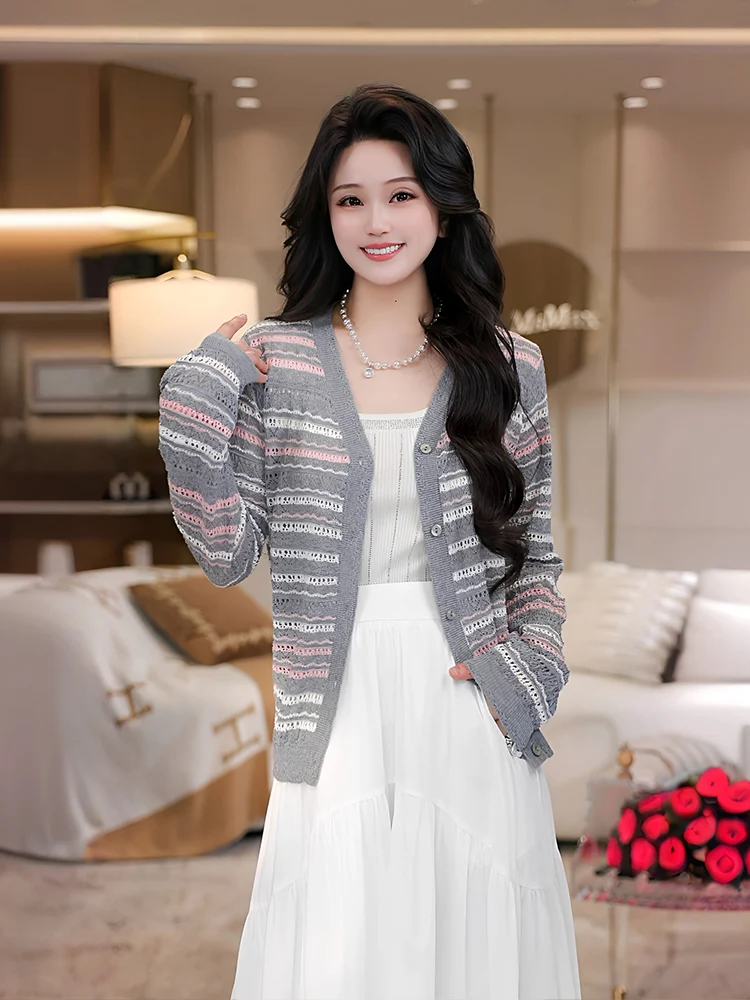 

Радужный вязаный кардиган женский, приталенный, с V-образным вырезом, длинным рукавом, повседневный стиль, стандартный крой, смесь полиэстера, весенняя новинка