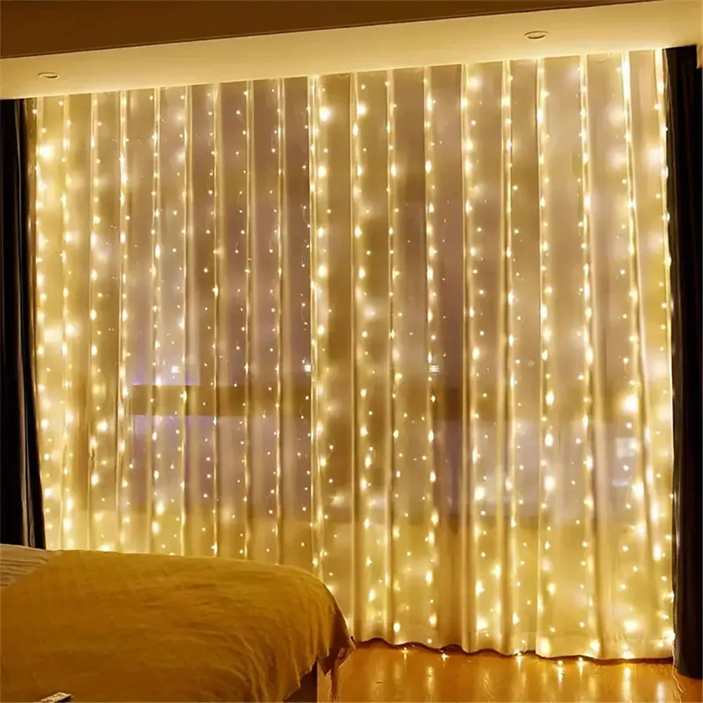 LED Curtain String Lights Christmas Garland Decor Fairy Light 8 Modes USB Remote Control Wedding Holiday Party for Bedroom Home