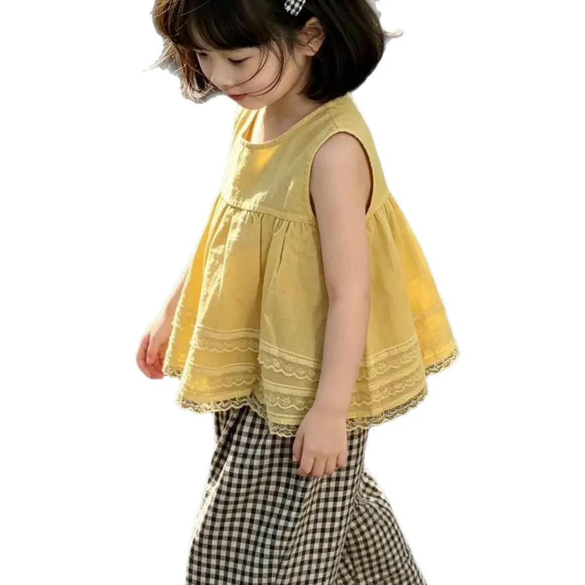 New Arrival Toddler Girl Frill Lace Doll Blouse, Lattice Trousers Casual Matching Suit for 90-140cm