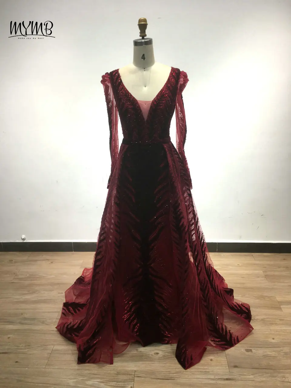 MYMB Muslimische Abendkleider in A-Linie mit langen Ärmeln für formelle Anlässe, luxuriöse arabische Hochzeitsgastkleider mit V-Ausschnitt und Perlen – Detail 5