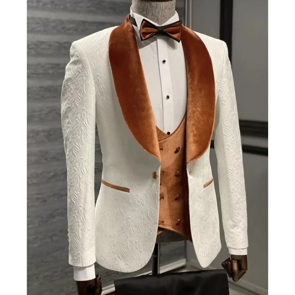 Floral Jacquard Men Suits Slim Fit For Wedding With Velvet Shawl 3 Pcs Groom Tuxedos Male Fashion Blazer With Pants Vest 2024