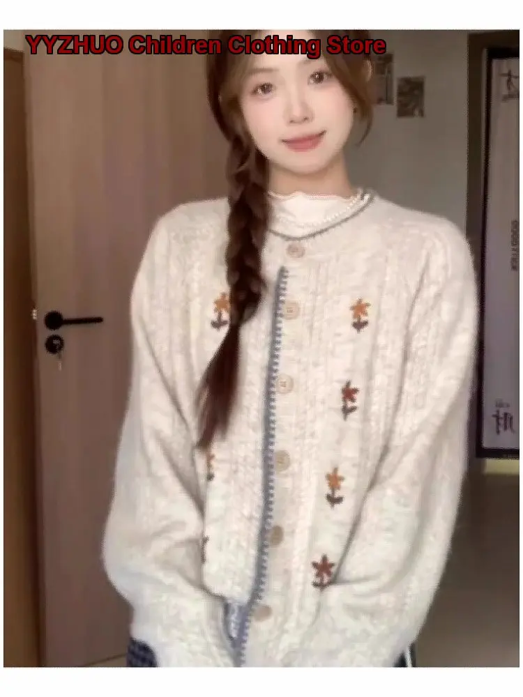 Girls Cardigan Kids Spring Autumn Round Neck Long Sleeves Stylish Knit Top for Older Kids
