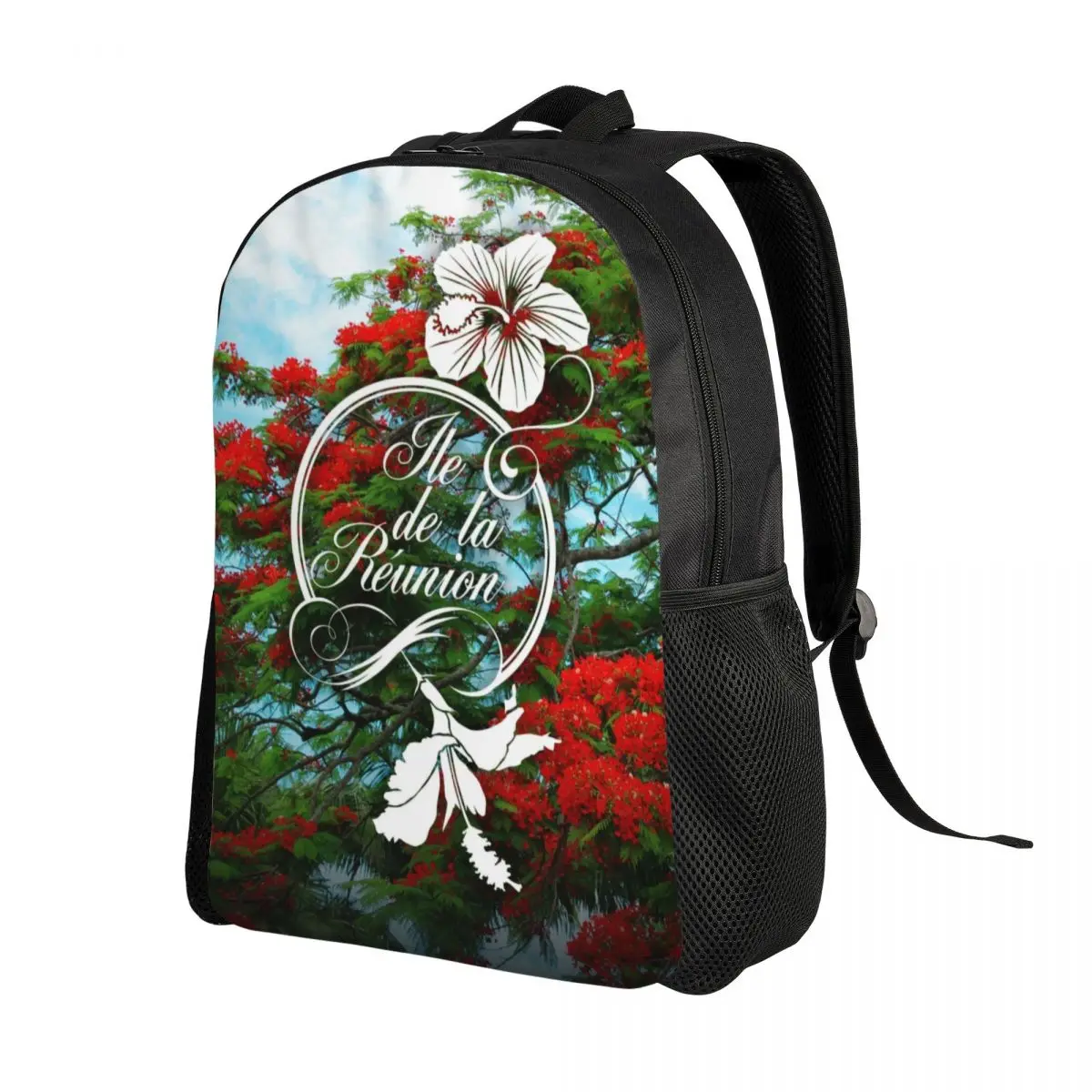 Custom 974 Reunion Island Flamboyant Hibiscus Travel Backpack School Laptop Bookbag Flowers Pattern College Student Daypack Bags