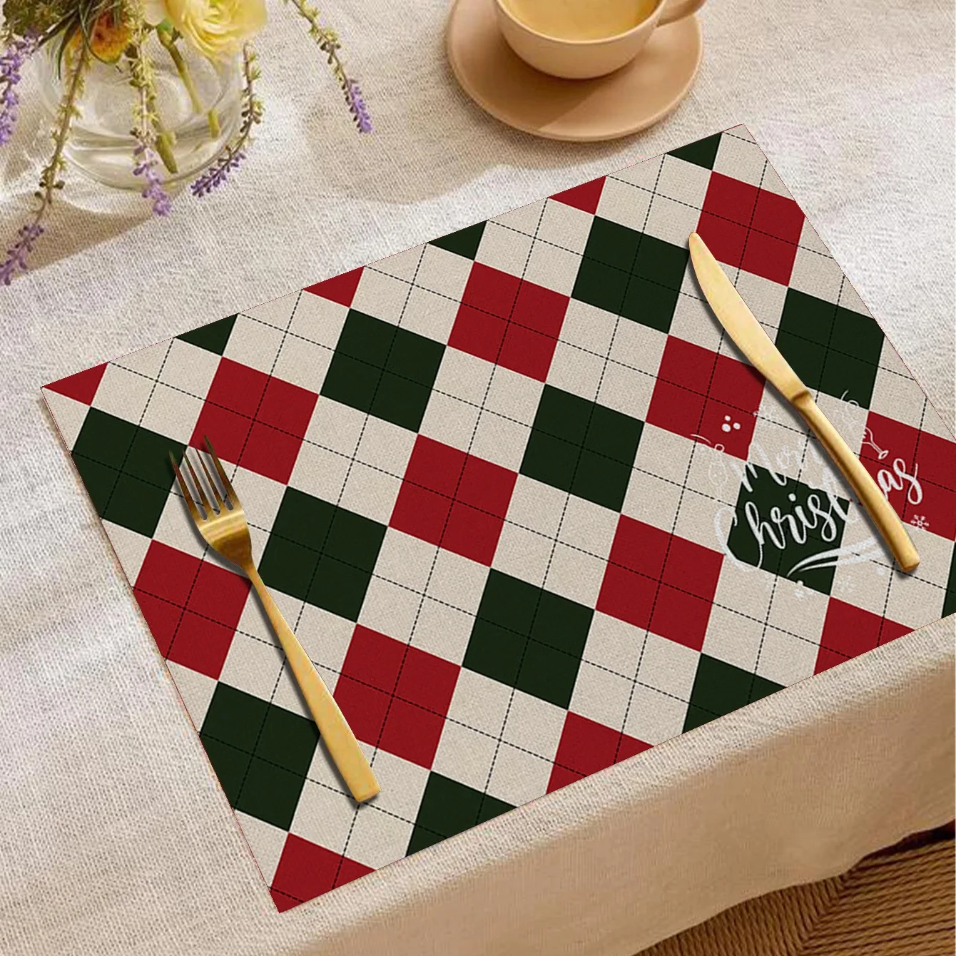 VIKAMA Gingerbread Man Christmas Linen Square Placemats, 6 Designs, Non-Slip Washable Dining Table Mats