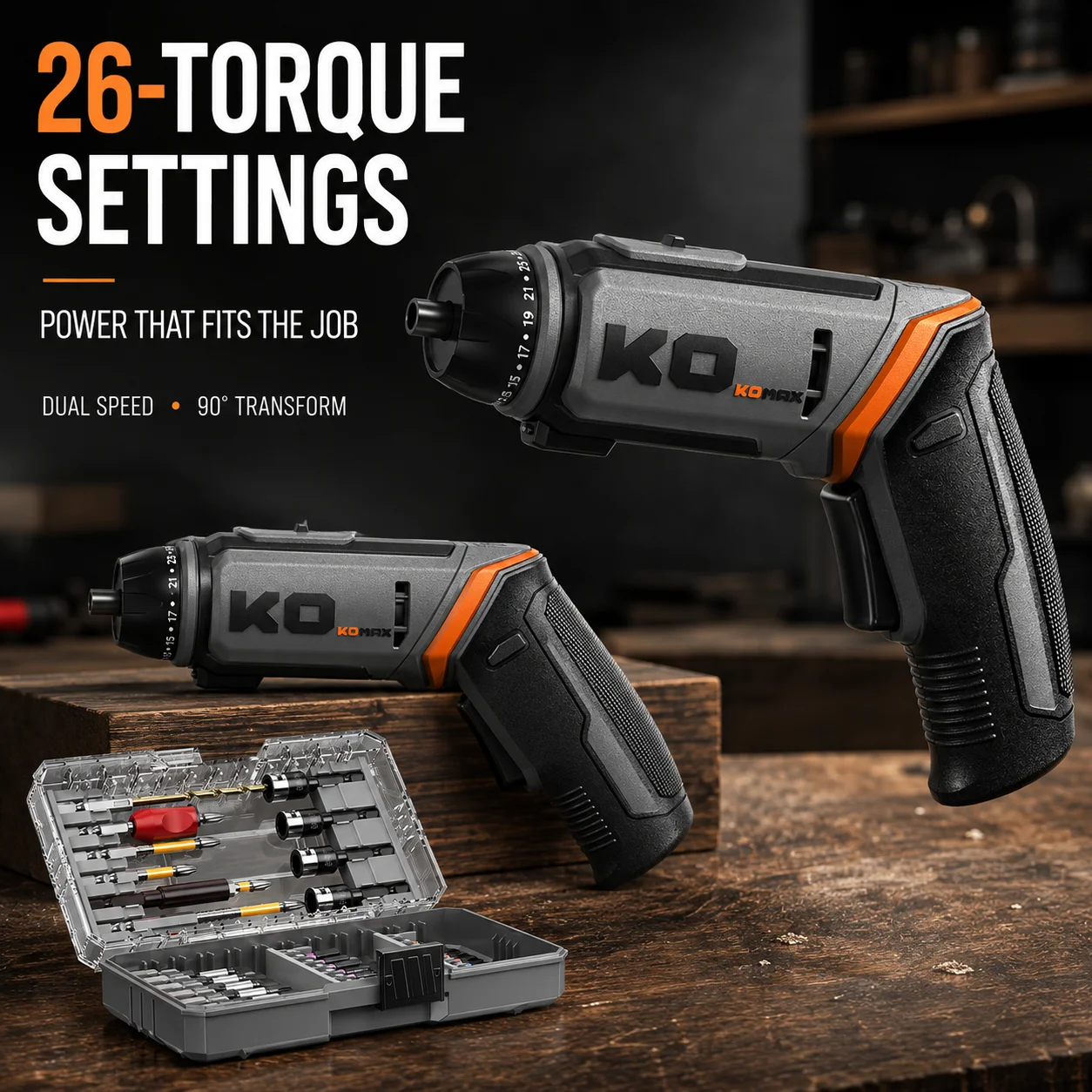 26-Setting Cordless Electric Screwdriver, 4.5N·m Torque, 250RPM, Dual Speed, 90° Transforming Handle, Bit Kit