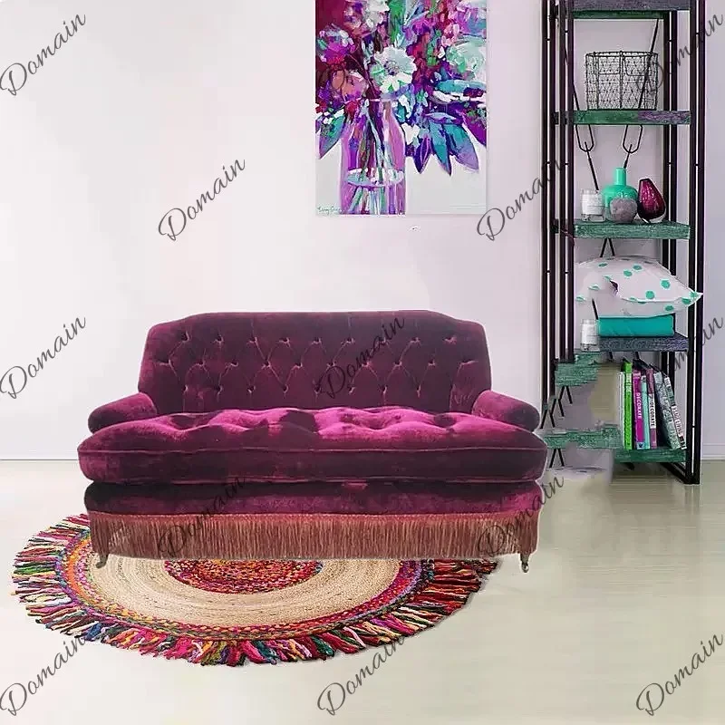 B80 Velvet Sofa 2-Seater Purple Red Wine Color French Retro Designer Loveseat For Living Room