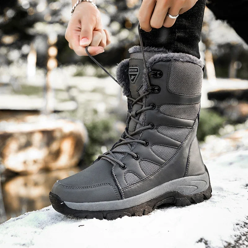 Botas de neve de pelúcia masculina, renda, top alto, ao ar livre, impermeável, antiderrapante, tornozelo, motocicleta, quente, inverno, novo