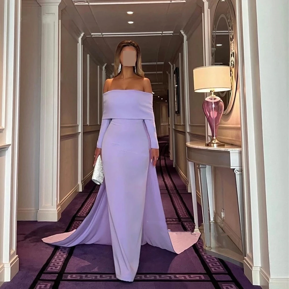 

Romantic Lavender Mermaid Evening Dresses Boat Neck Cape Formal Party Gowns Long Sleeves Prom Dress Custom Made For Women