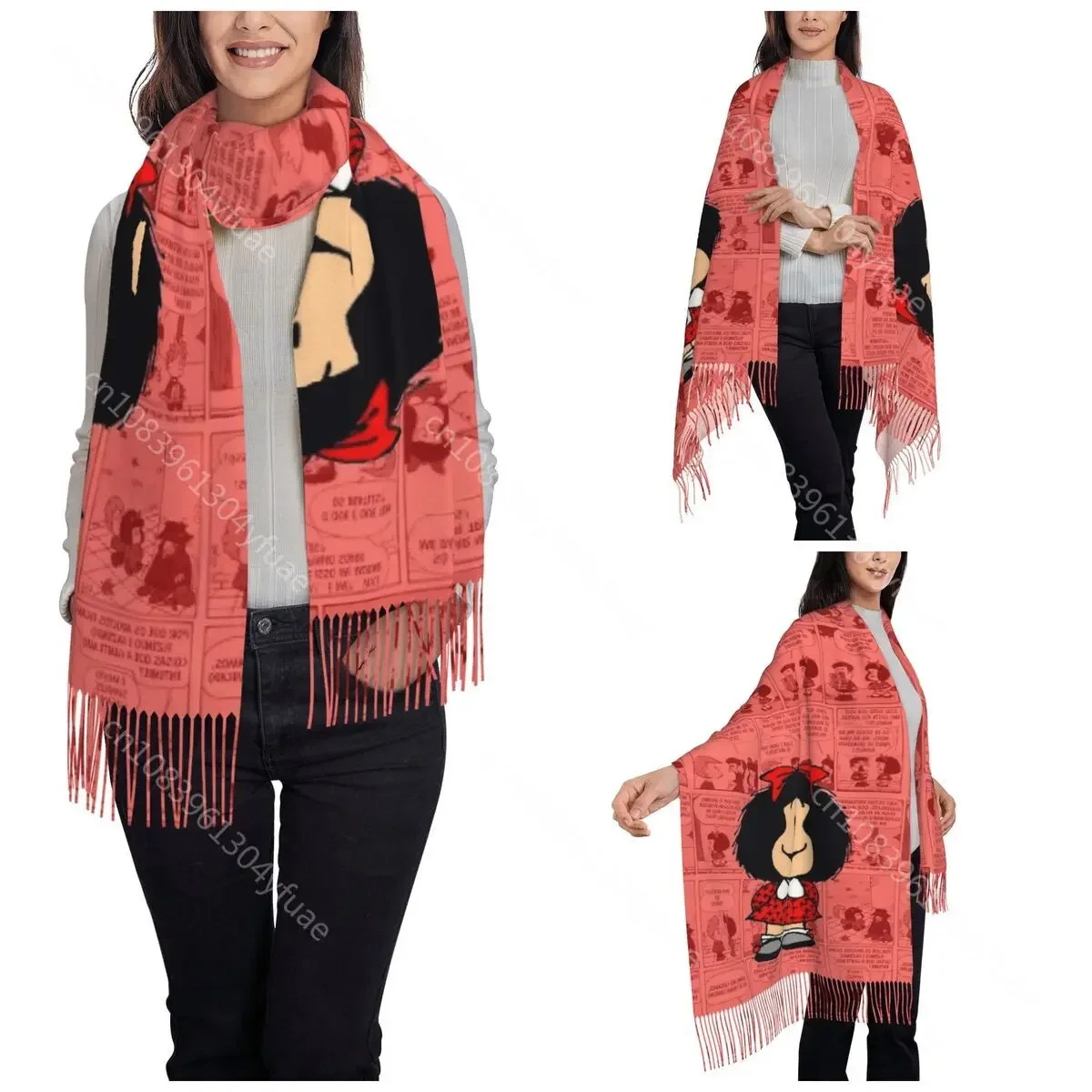 Mafalda Cartoon Scarf for Women Winter Fall Pashmina Shawls and Wrap Anime Large Shawl Scarf for Daily Wear