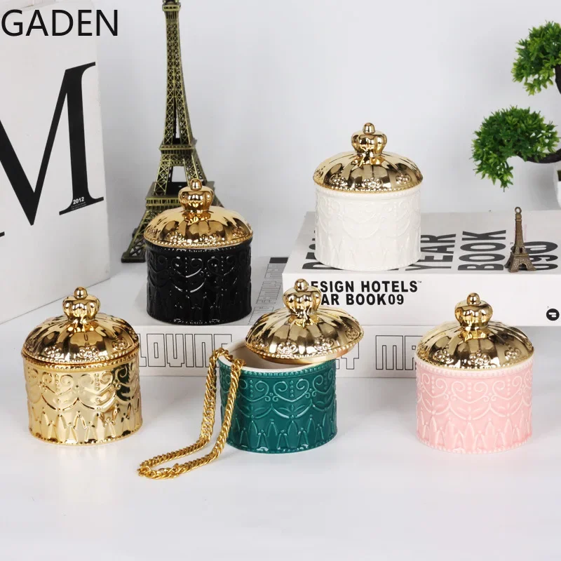 European-style Electroplating Ceramic Storage Jar Display Box Crown Jewelry Box with Lid Desktop Ornaments Home Storage Supplies