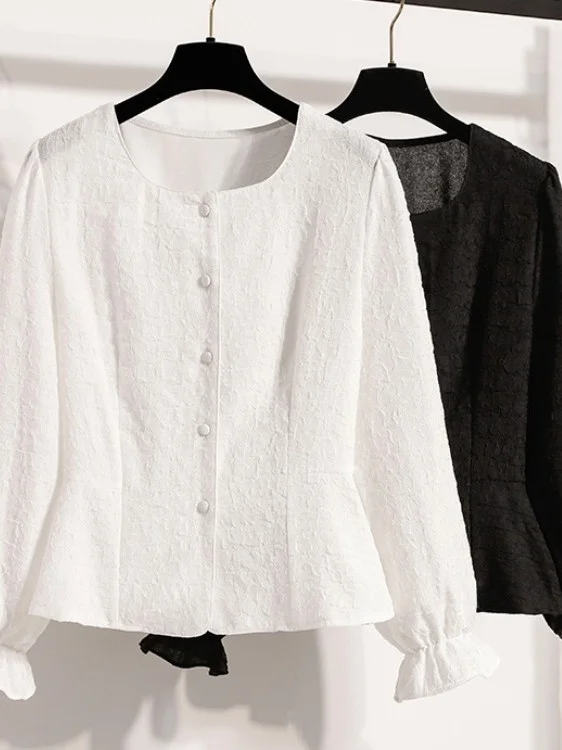 

Spring 2026 plus Size Women's Shirt round Neck Embroidery Slimming Waist Design Casual Loose Fit Long Sleeve Casual Shirt