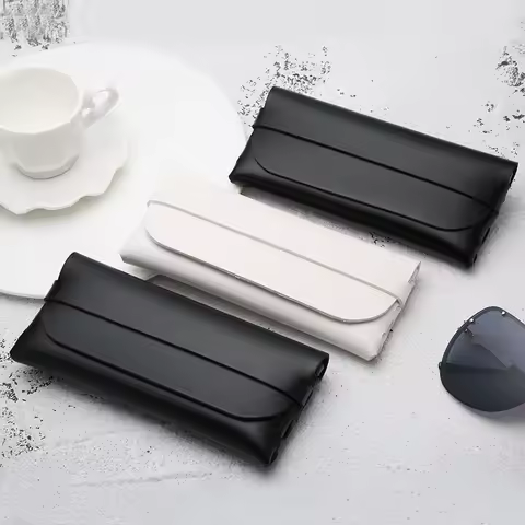 1pc Braided Leather Glasses Case Reading Myopia Glasses Storage Box Portable Belt Buckle Press On Eyewear Woven Pattern Cases