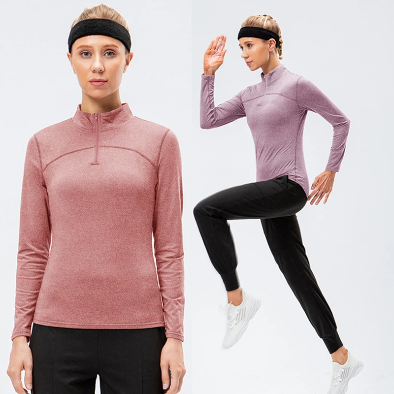 Women Thermal Tennis Shirts Winter Long Sleeve Sports Top Zipper Collar V-Neck Yoga Shirt Lady Slim Warm Workout Gym Sportswear