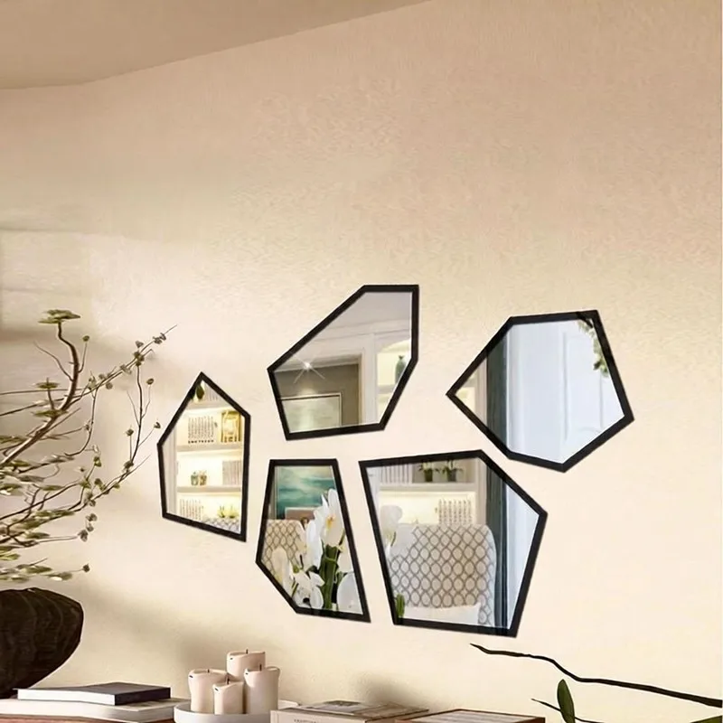 5pcs/set 3D Stereo Mirror Acrylic Polygon Wall Sticker, Modern Geometric Wall Art Decor Decal