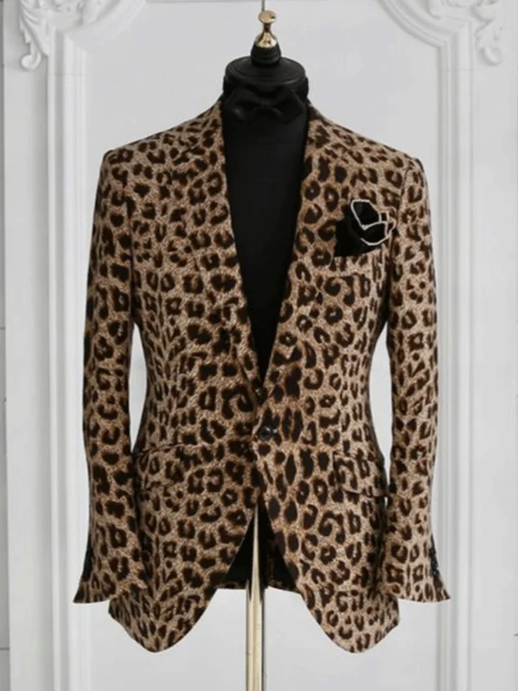 Men's Leopard Print Casual Business Blazer Notched Lapel Single Button Long Sleeve Slim Party Suit Jacket Nightclub Formal Coat