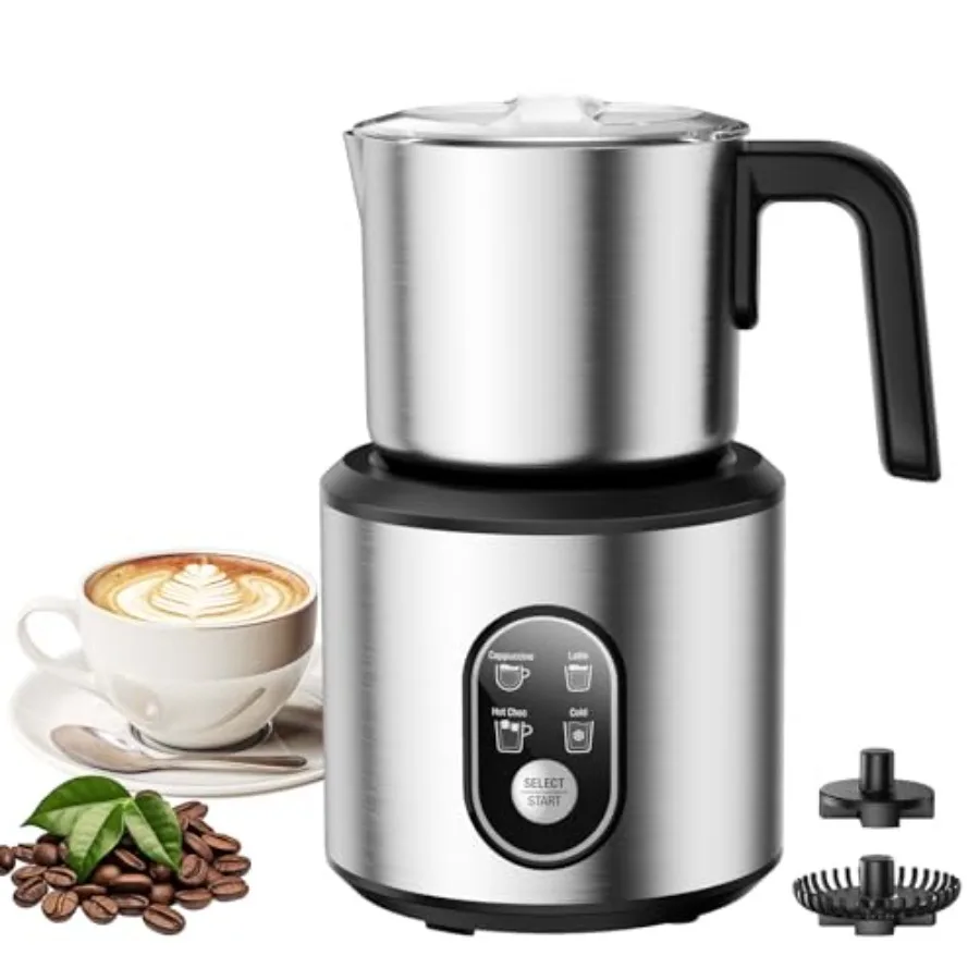 

4-in-1 automatic electric milk frother for coffee lattes cappuccinos; stainless steel jug; silver; 24oz detachable jug with lat