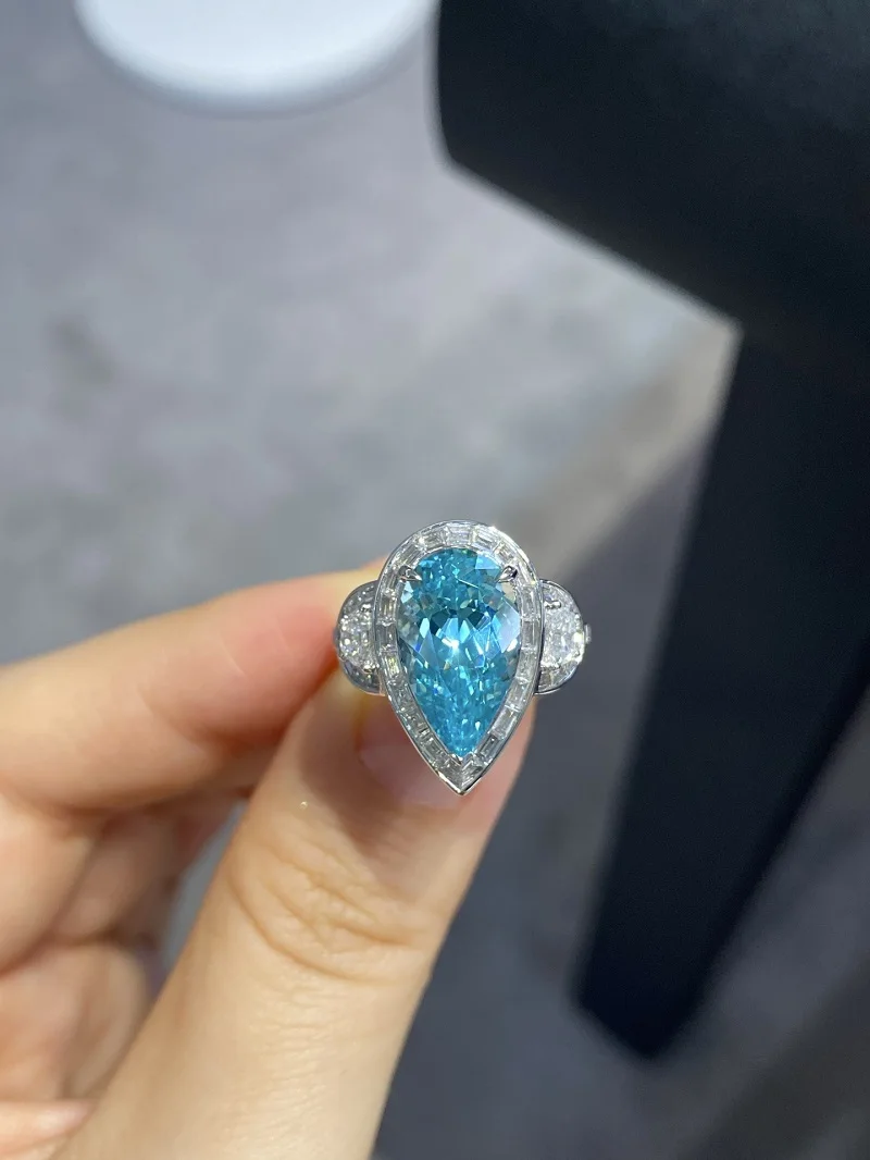 Ruif Mewah Disesuaikan Platinum Sekitar 7ct Lab Tumbuh Yag Paraiba Tourmaline Cincin untuk Wanita Jari Perhiasan Perak Pernikahan