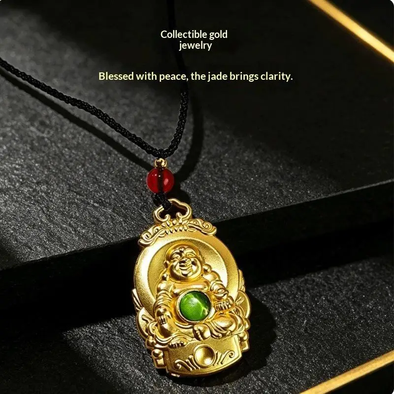 Zinc Alloy Pendant Necklace Auspicious Cloud Decor Border Laughing Monk Statue Charm Jewelry For Daily Wear Gift