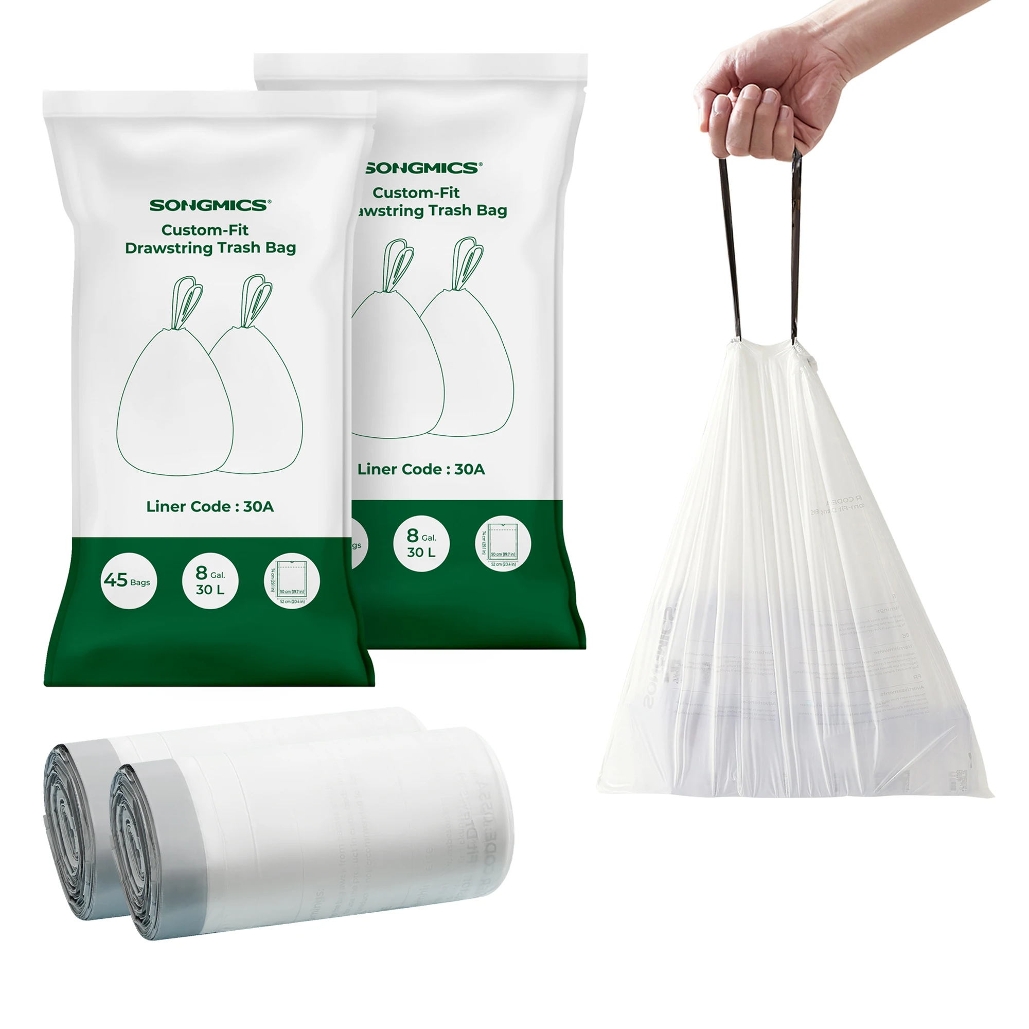 SONGMICS Trash Bags for 8-Gallon (30L) Trash Cans, 90 Count Drawstring Kitchen Garbage Bags, Pre-Separated, Liner Code 30A