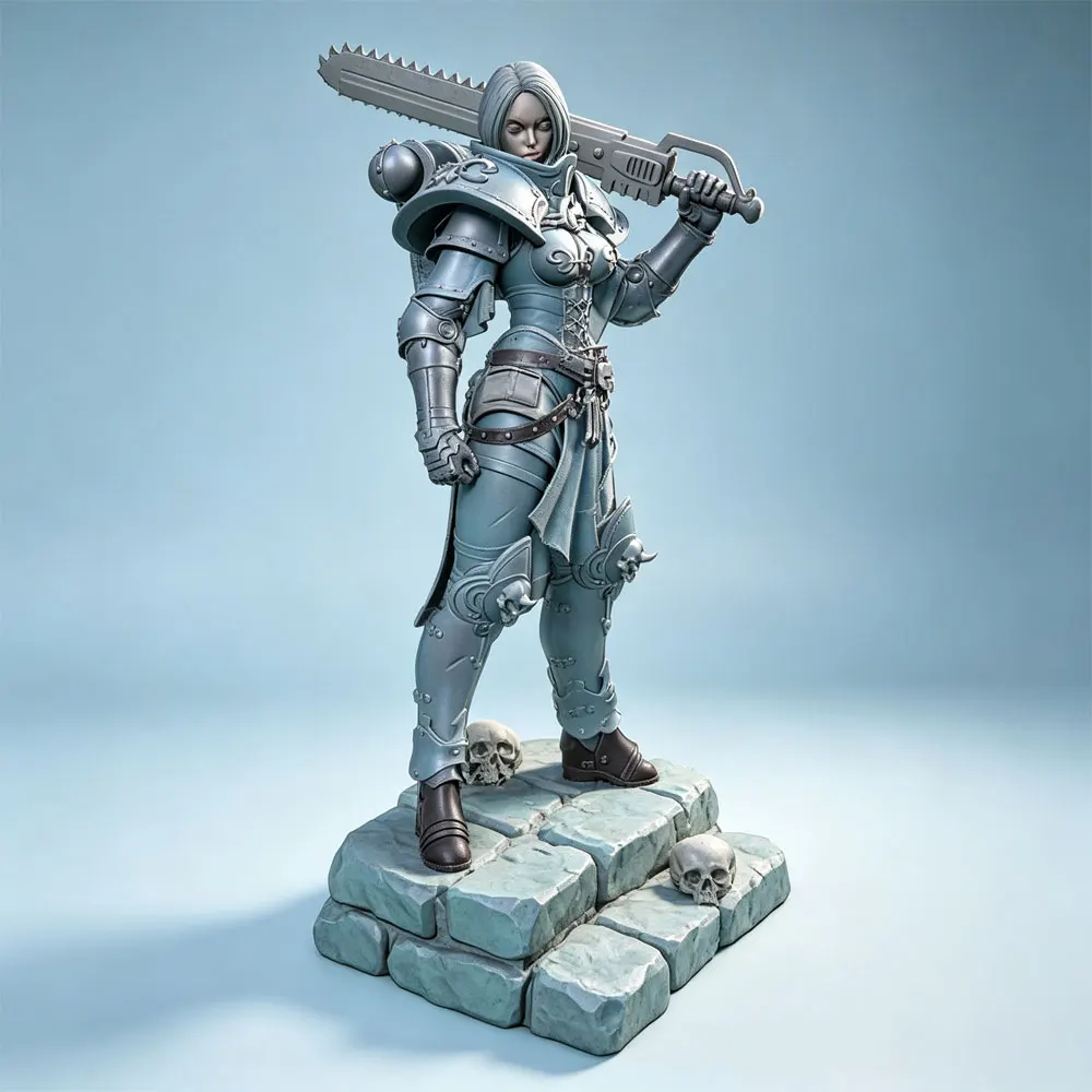 1/24/6 Scale heavy armored chainsaw-wielding female warrior, armored combat girl, GK mini 3D printed gray model doll, unpainted.