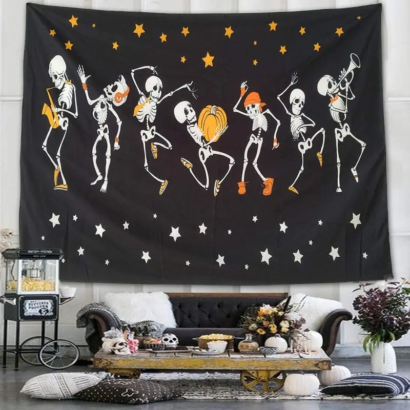 VIKAMA Dancing Skeleton Pumpkin Tapestry, Fun Halloween Cartoon Skull Wall Hanging, Aesthetic Dorm Party Decor