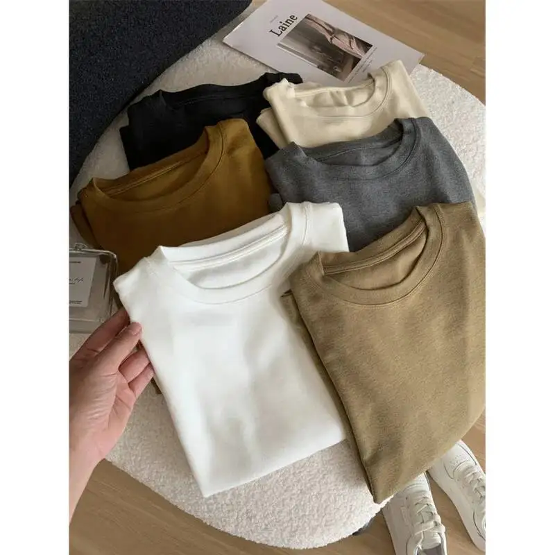 Autumn Winter Imitation Cashmere Bottom T-shirt Women Round Neck Long Sleeve Basic Tops
