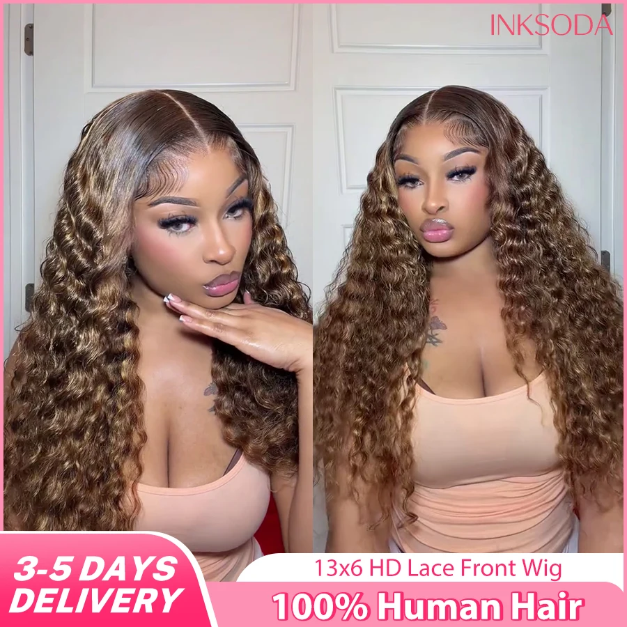 

Парик с глубокой волной и омбре-эффектом, цвет коричневый P4/27, с медово-блонд хайлайтами, 13x4, 13x6 HD кружевной фронтальный парик, кудрявый парик из натуральных волос, 40-30 дюймов