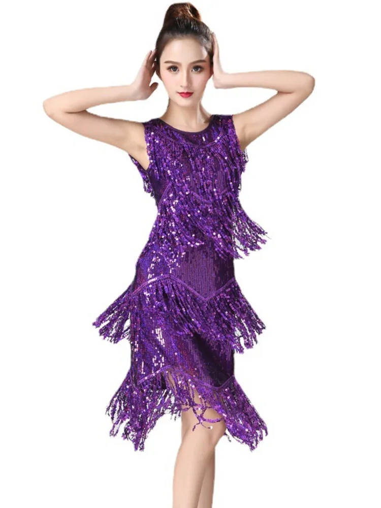 

Sleeveless Sequin Fringe Performance Dress for Women – Shiny Classical Dance Costume for Stage Show or Practice