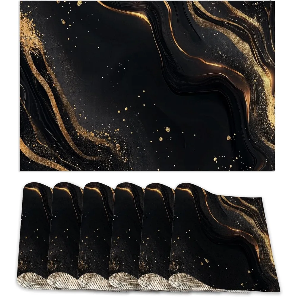 Abstract Marble Placemats Set Gold Black Waterproof Non-Slip Washable Table Mats for Kitchen Dining Holiday Party Wedding Decor