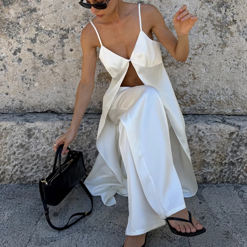 

Casual sleeveless satin women's fashionable high waisted solid color two-piece set sexy V-neck split top and pants set