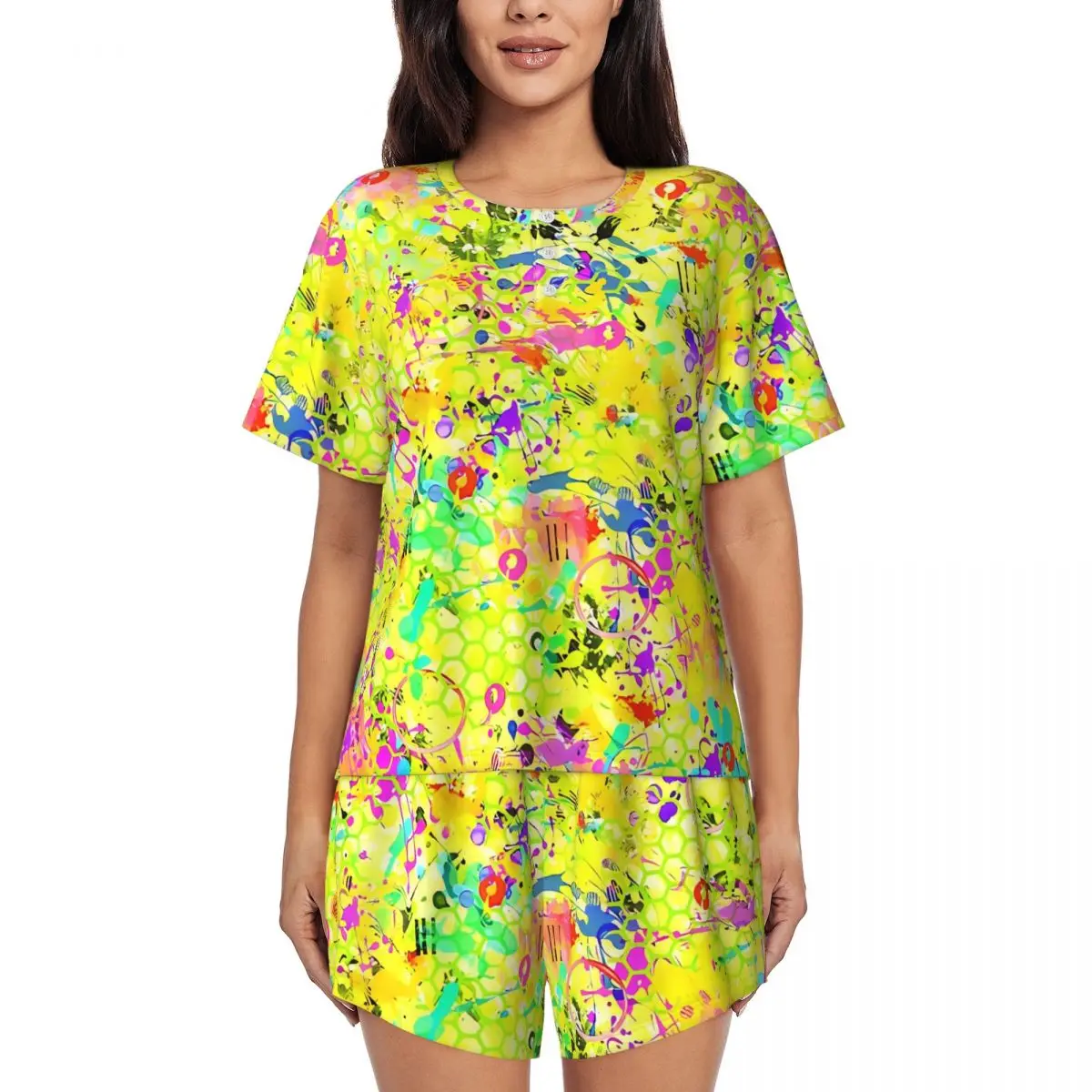 

Graffiti Colorful Print Pajamas Summer Two Piece Kawaii Pajama Sets Woman Short Sleeve O Neck Casual Custom Nightwear